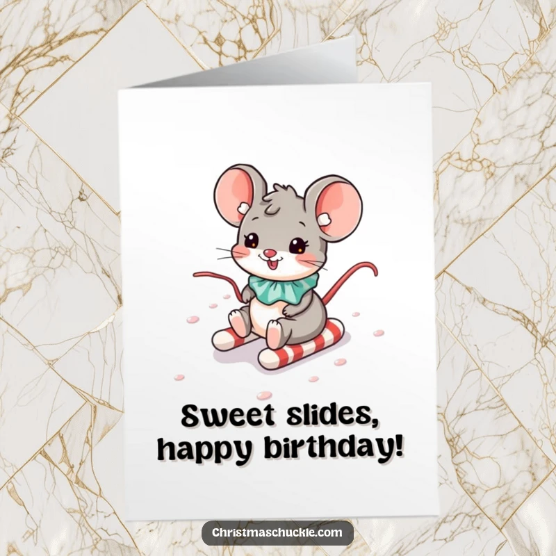 Funny Free Printable Birthday Card: A mouse in a clown collar slides gleefully down a giant candy cane hill.