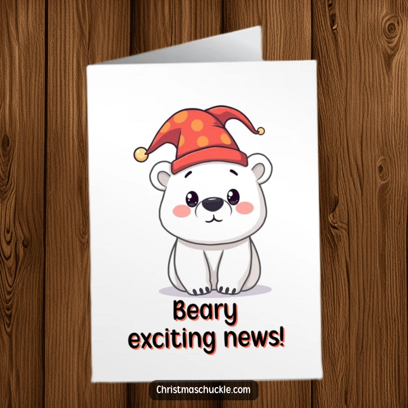 Funny Free Printable Congrats Card: A curious polar bear character sporting a festive jester hat, celebrating good news.
