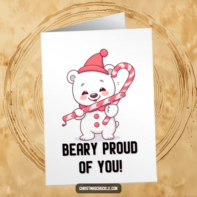 Funny Free Printable Polar Bear Clown Congratulations Card: A joyful polar bear clown teetering with a candy cane. A humorous downloadable card.