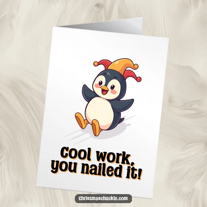 Funny free printable congratulations card of a happy penguin wearing a clown nose sliding down a hill, celebrating success.