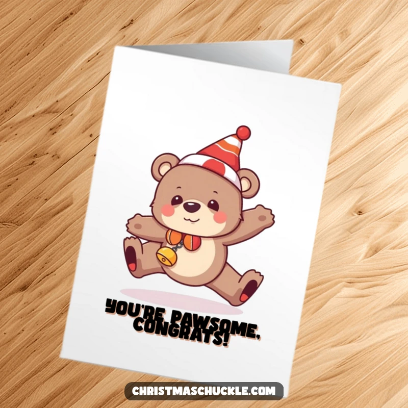Funny free printable congratulations card showing a bear in festive gear hilariously stumbling, perfect for celebrating achievements.