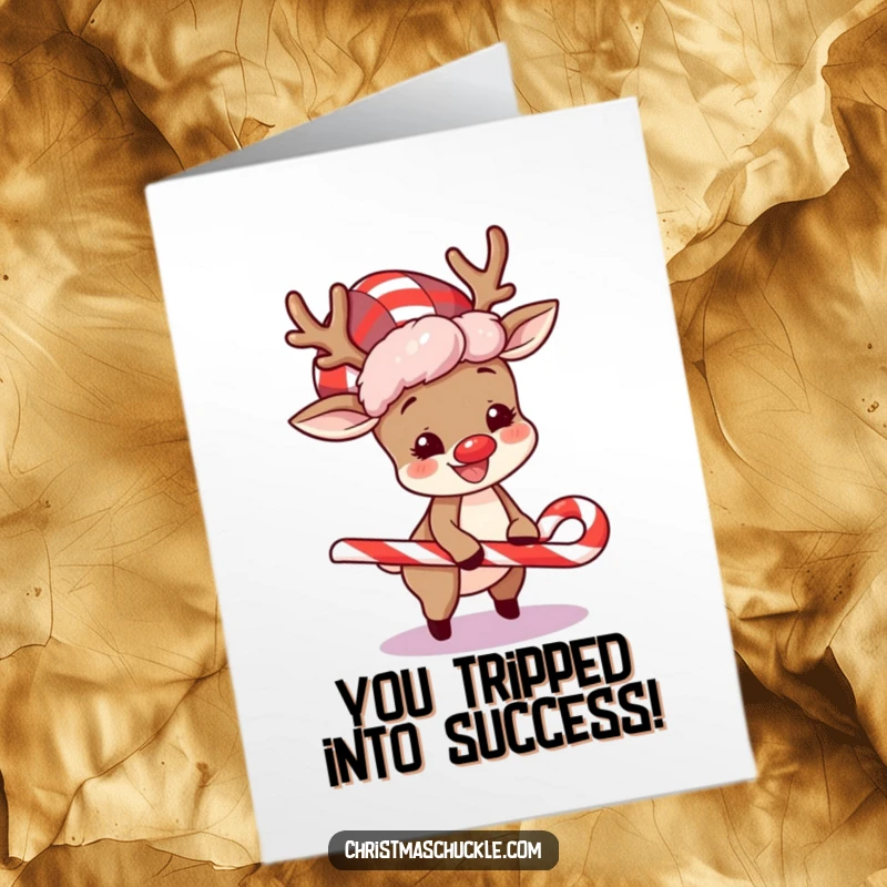 Free printable congratulations card: a happy reindeer in a clown wig hilariously tripping over a candy cane.