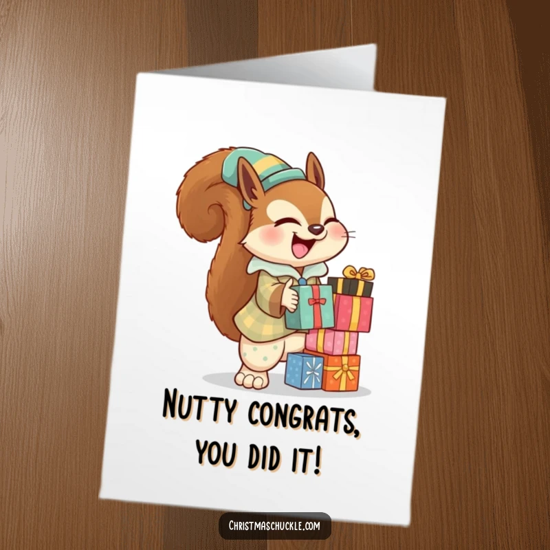 Funny free printable congratulations card of a giggling squirrel in a clown suit precariously balancing gifts, celebrating success.