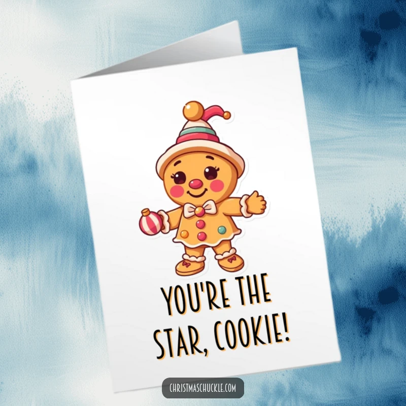 Funny Free Printable Congratulations Card: A round gingerbread man dressed as a clown juggles festive ornaments.
