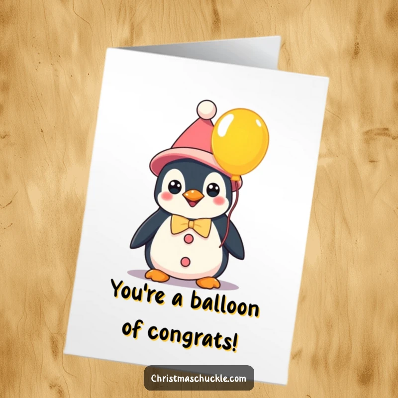 Funny Free Printable Congrats Card: A cute kawaii penguin in clown attire holds a vibrant balloon. A fun celebration gift.
