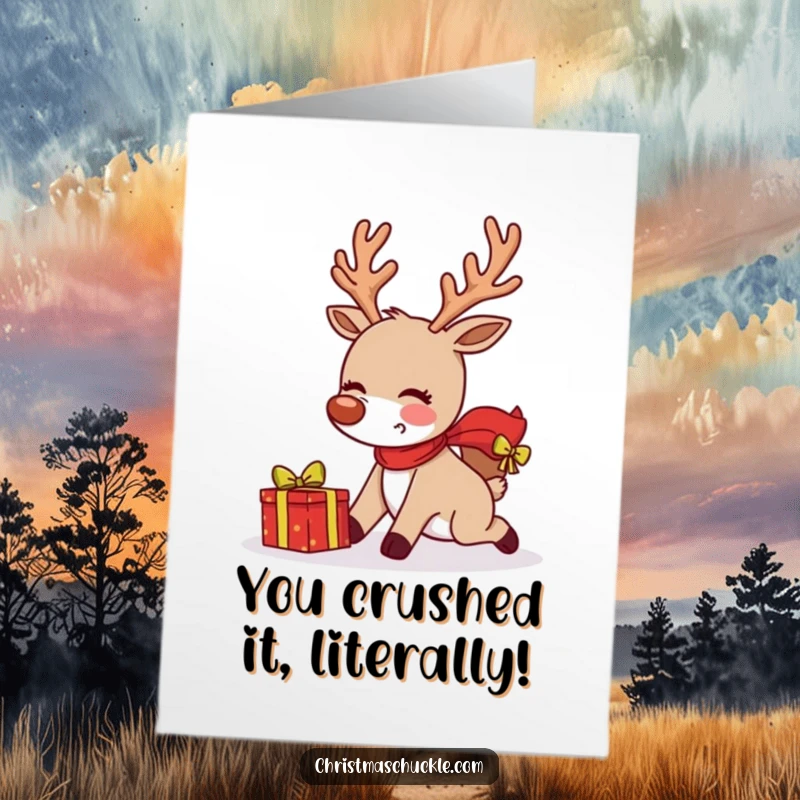 Funny Free Printable Congratulations Card: A blushing reindeer comically trips while delivering a present.