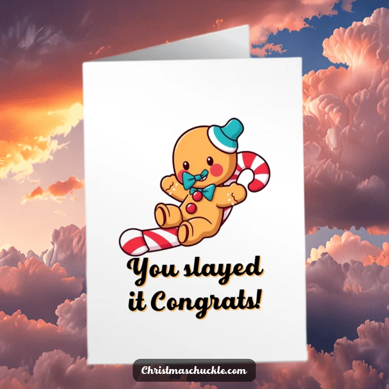 Funny Free Printable Congratulations Card: A jolly gingerbread man wearing a clown bow tie slides down a candy cane.