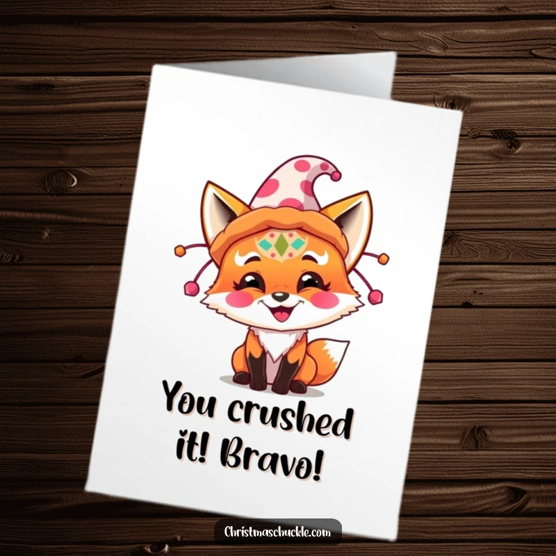 Funny free printable congratulations card: Fox with clown paint beams, ready for your big news celebration.