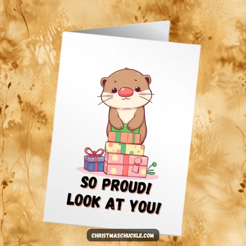 Funny free printable congratulations card: Adorable otter dons a clown nose, balancing on a tower of gifts with celebration.