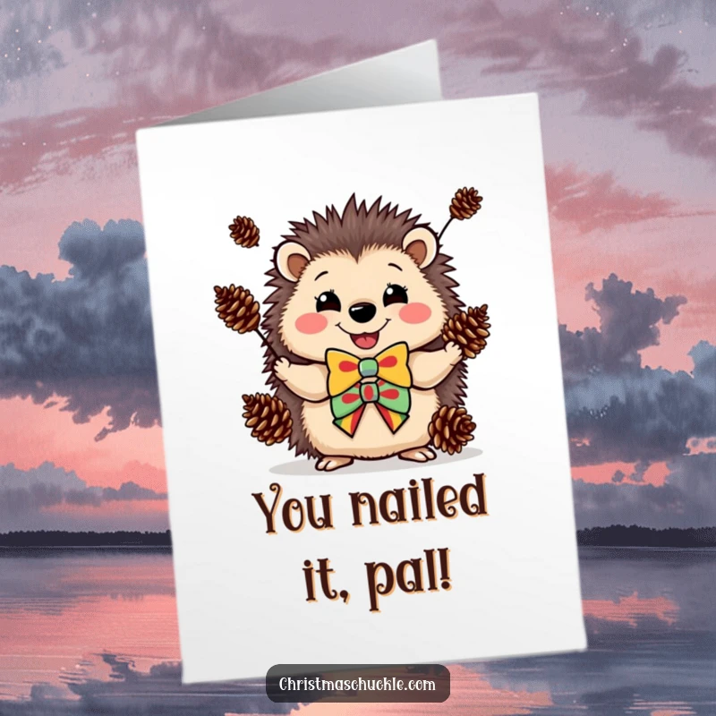 Funny Free Printable Hedgehog Clown Congratulations Card: Happy hedgehog in clown bowtie juggles pinecones, celebrating success.
