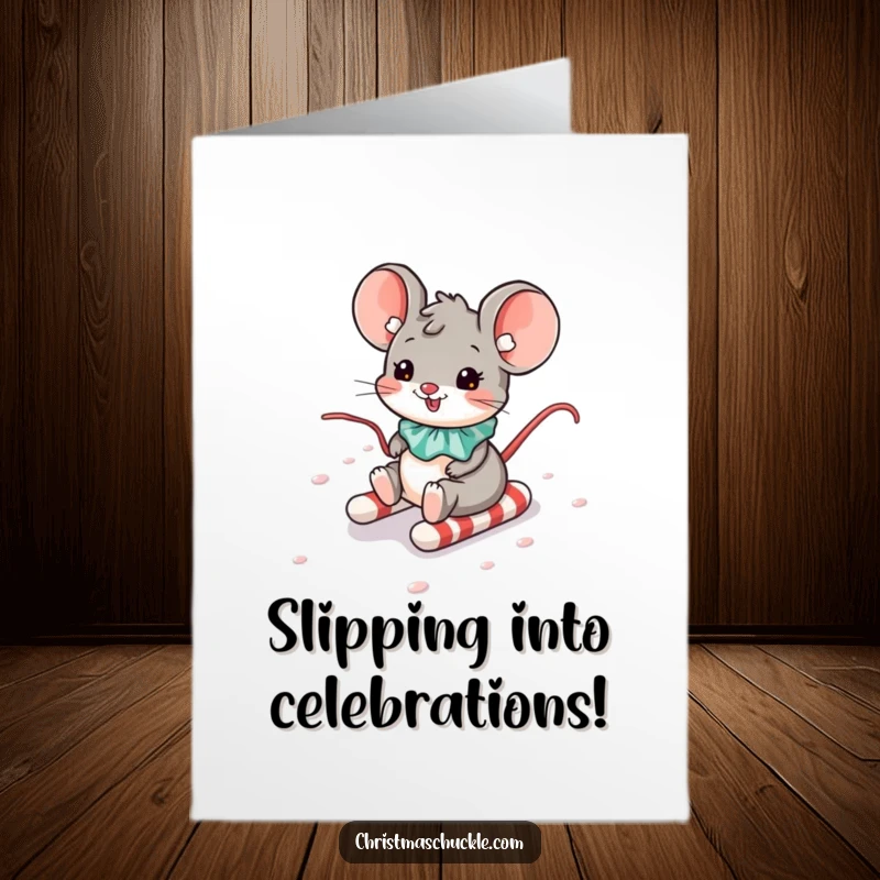 Funny Free Printable Congratulations Card: A mouse clown wearing a collar slides down a candy cane hill with excitement.