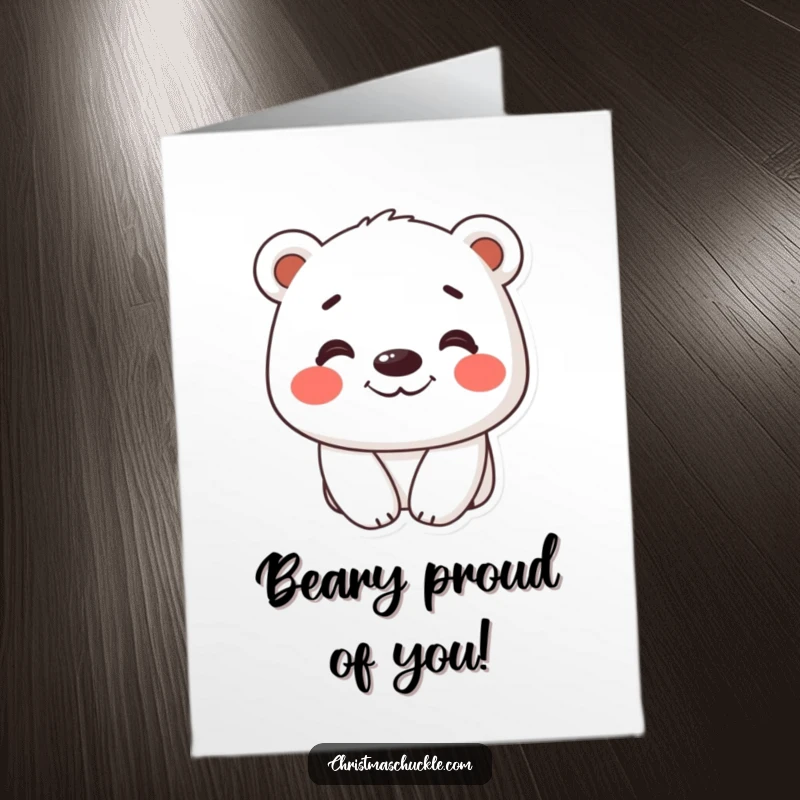 Funny Free Printable Polar Bear Congratulations Card: Cheerful bear with red cheeks and a big silly grin, celebrating success.