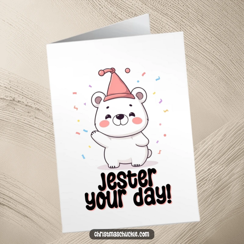 Funny Free Printable Congratulations Card: A polar bear wearing a tiny jester hat tosses confetti, celebrating your wonderful achievement.