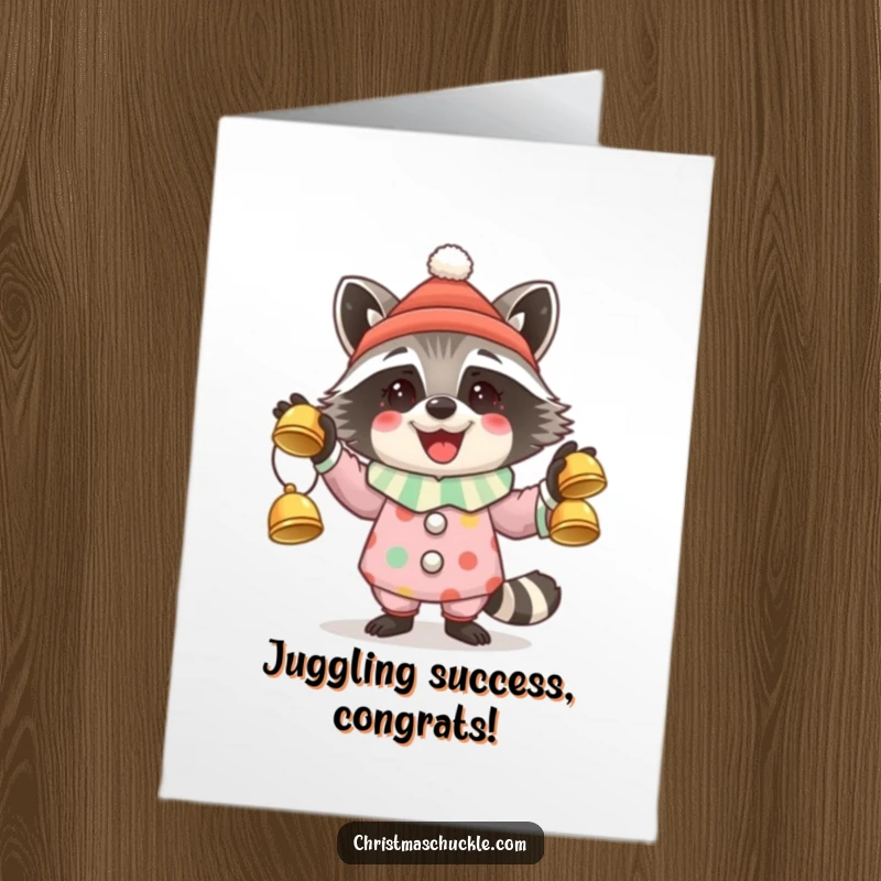 Funny Free Printable Congratulations Card: A happy raccoon clown juggles three jingling bells to celebrate your achievement.