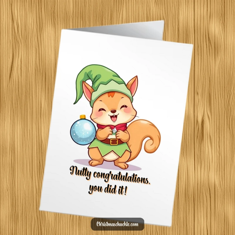 Funny Free Printable Congratulations Card: Adorable elf squirrel with a shiny ornament, perfect for celebrating achievements.