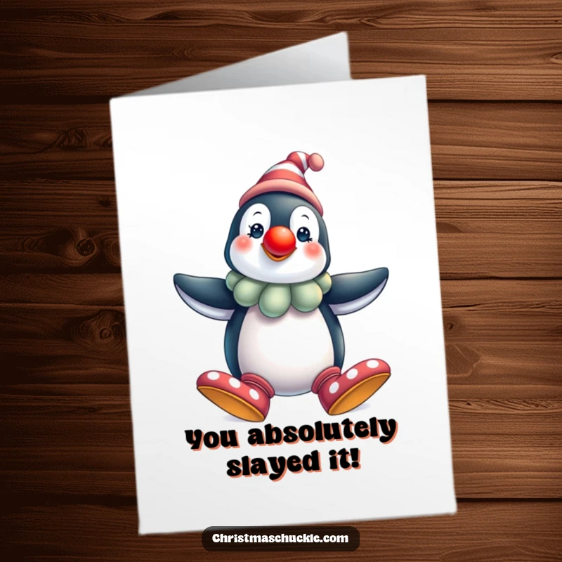 Funny Free Printable Penguin Clown Congratulations Card: A dapper penguin clown in oversized shoes, celebrating a big win joyfully. Hilarious printable.