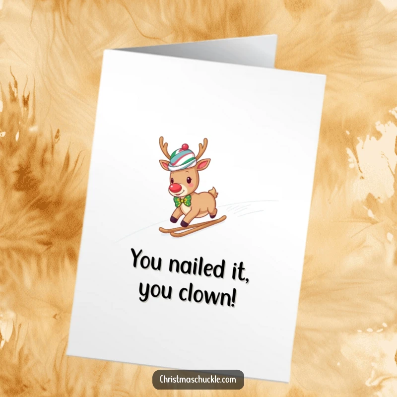 Funny Free Printable congratulations card showing a reindeer wearing a clown wig and bow tie sliding down a hill.