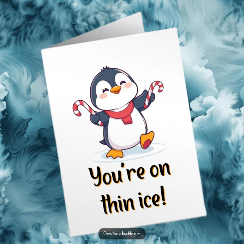 Funny Free Printable Congratulations Card: A cute penguin slips on ice while juggling candy canes.