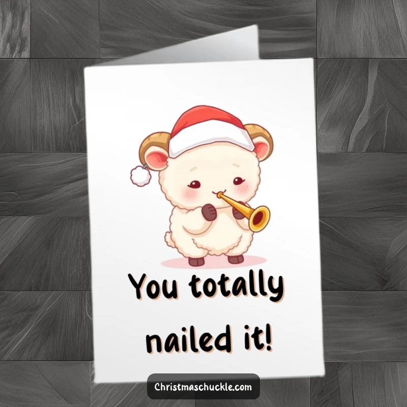 Funny Free Printable Congratulations Card: A fluffy sheep in a Santa hat triumphantly plays a tiny trumpet.