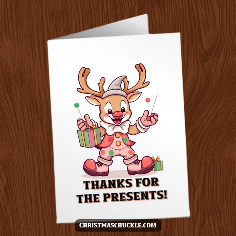 Funny Free Printable Thank You Card: A kawaii reindeer clown in oversized shoes juggling gifts.