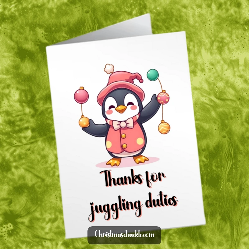 Funny free printable thank you card featuring a cute penguin dressed as a clown, juggling, for a cheerful message of thanks.
