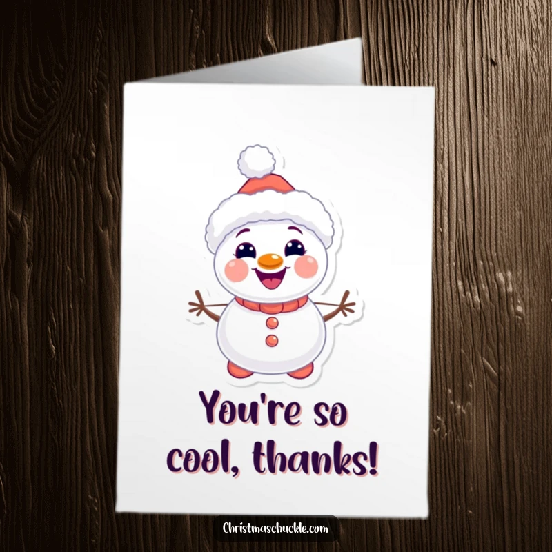 Funny Free Printable Kawaii Snowman Clown Thank You Card: A smiling snowman clown with carrot buttons, offering thanks. Adorable downloadable.