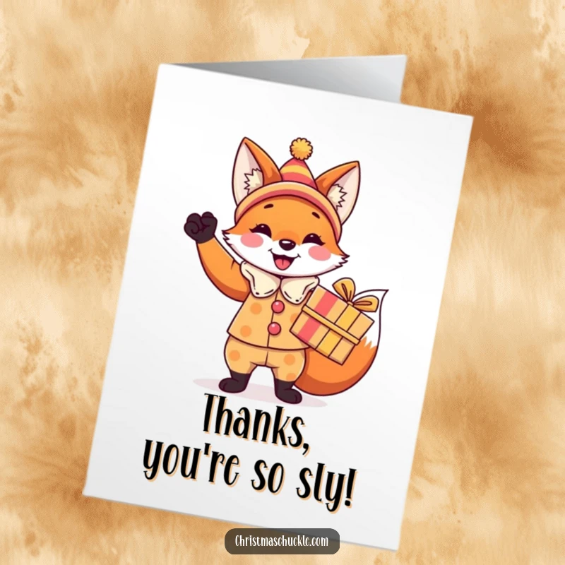 Funny Free Printable Thank You Card: A festive fox in clown attire holds a beautifully wrapped gift, offering thanks with a sly grin.