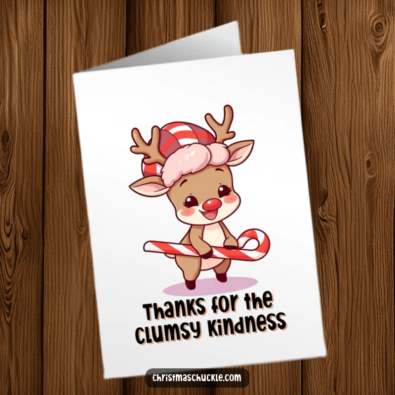Funny free printable thank you card: a happy reindeer in a clown wig comically tripping over a candy cane while saying thanks.