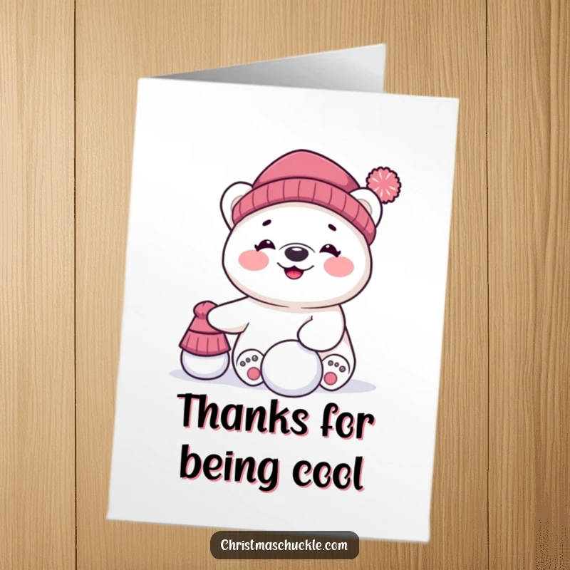 Funny Free Printable Thank You Card: Giggling polar bear character offers thanks while comically balancing a hat and snowball.