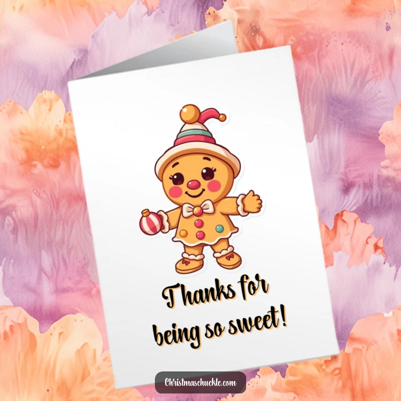 Funny Free Printable Thank You Card: A round gingerbread man dressed as a clown juggles Christmas ornaments.