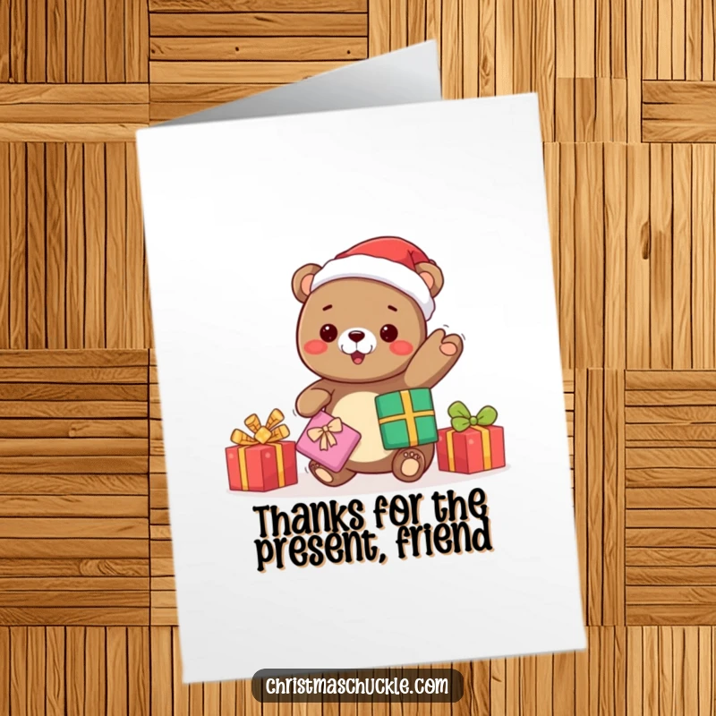 Funny Free Printable Thank You Card: A cute kawaii bear in a Santa hat juggles gifts with glee to say thanks. A unique DIY gift.