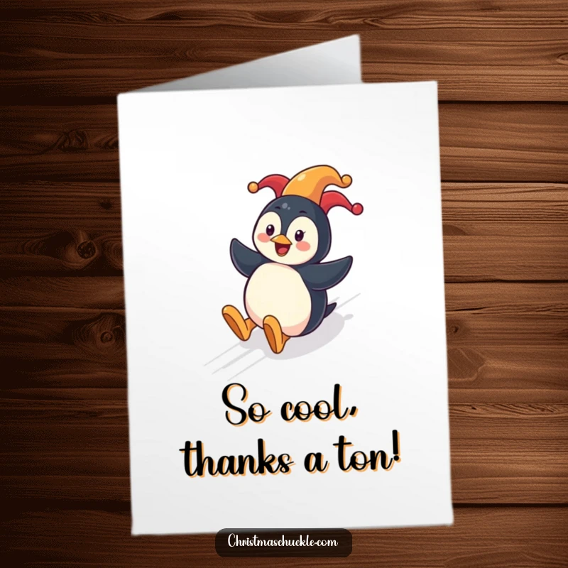 Funny free printable thank you card of a penguin in a clown nose sliding, expressing thanks with a cheerful slide.