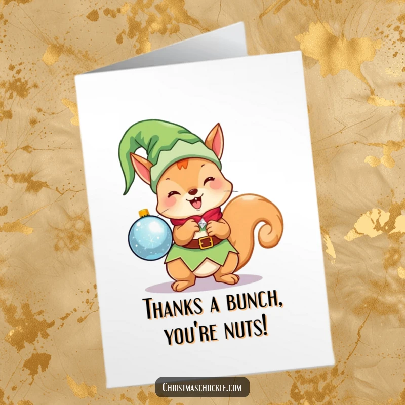 Funny Free Printable Thank You Card: Kawaii elf squirrel extending a sparkling ornament in thanks, a unique greeting.