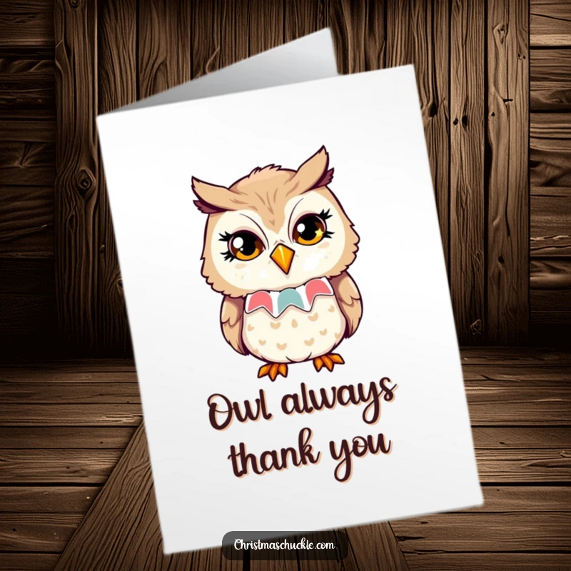 Funny Free Printable Thank You Card: Owl in clown collar winks, adding humor to thanks.