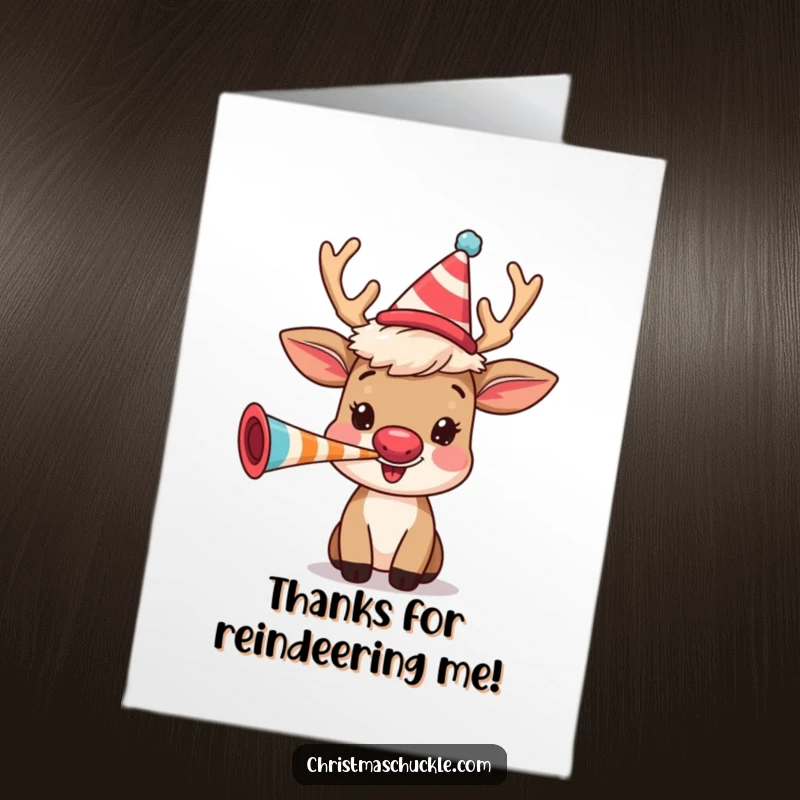 Funny Free Printable Reindeer Thank You Card: A happy reindeer with a clown wig blows a party horn to express thanks.