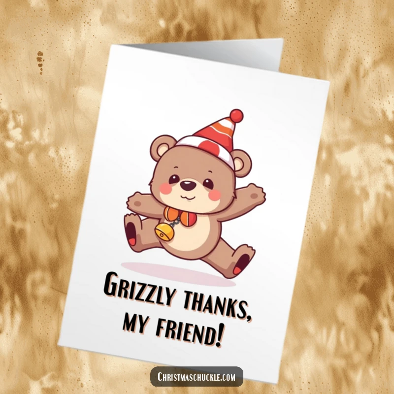 Funny free printable thank you card of a bear in a clown hat tripping, perfect for a humorous way to say thanks.