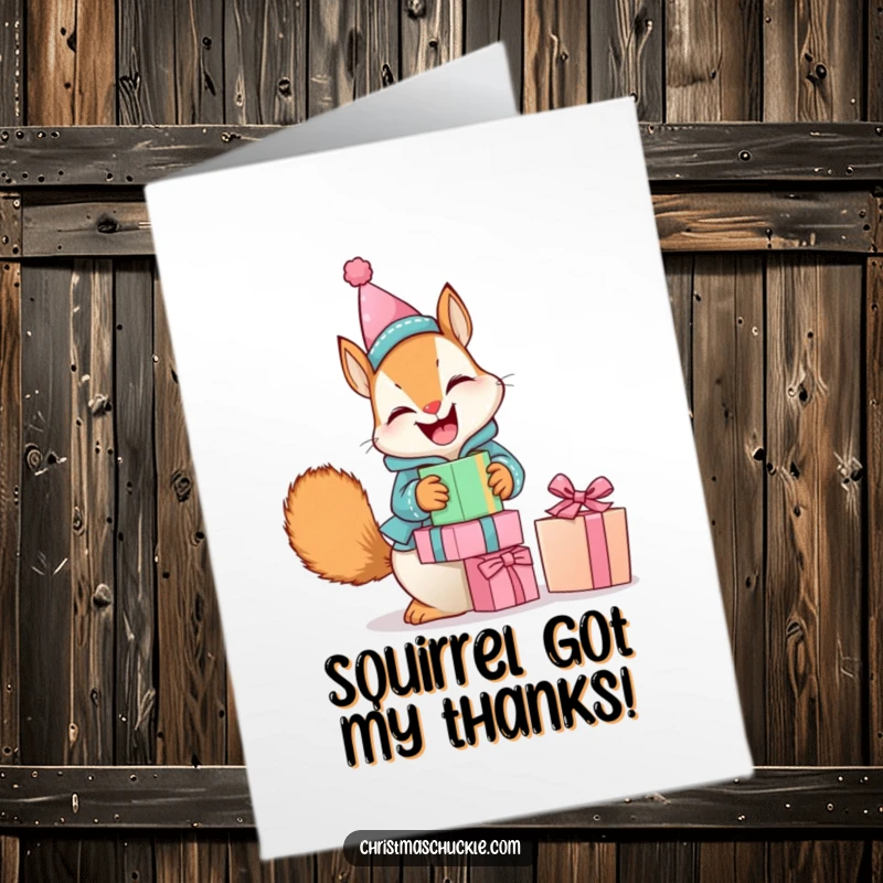 Funny Free Printable Thank You Card: Squirrel in clown attire attempts to balance gifts.
