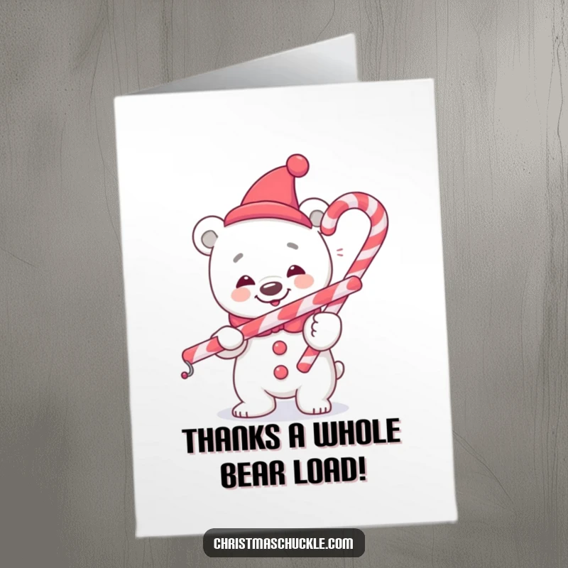 Funny Free Printable Polar Bear Clown Thank You Card: A cheerful polar bear clown holding a candy cane, expressing thanks. Hilarious downloadable.