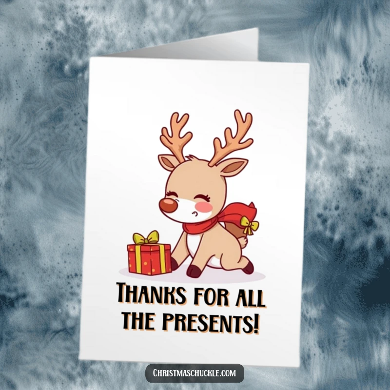 Funny Free Printable Thank You Card: A blushing reindeer comically trips, a present flying from its grasp.