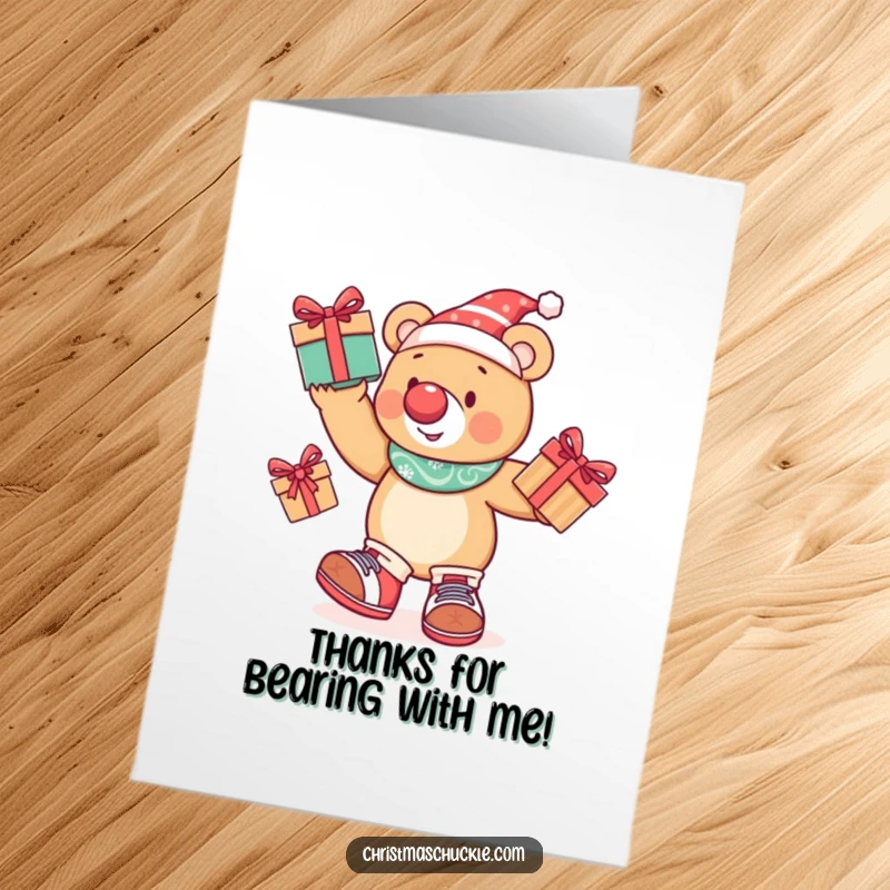 Funny Free Printable Bear Thank You Card: A festive bear juggles presents, offering a humorous and heartfelt thank you.