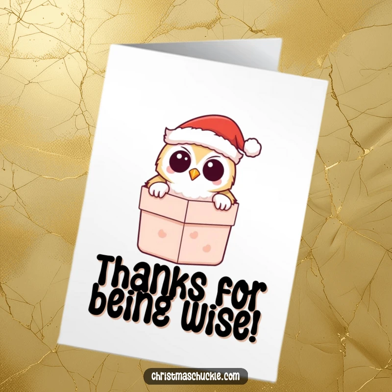 Funny Free Printable Thank You Card: A kawaii owl in a Santa hat peeks from a gift box, offering a cute and festive thank you.