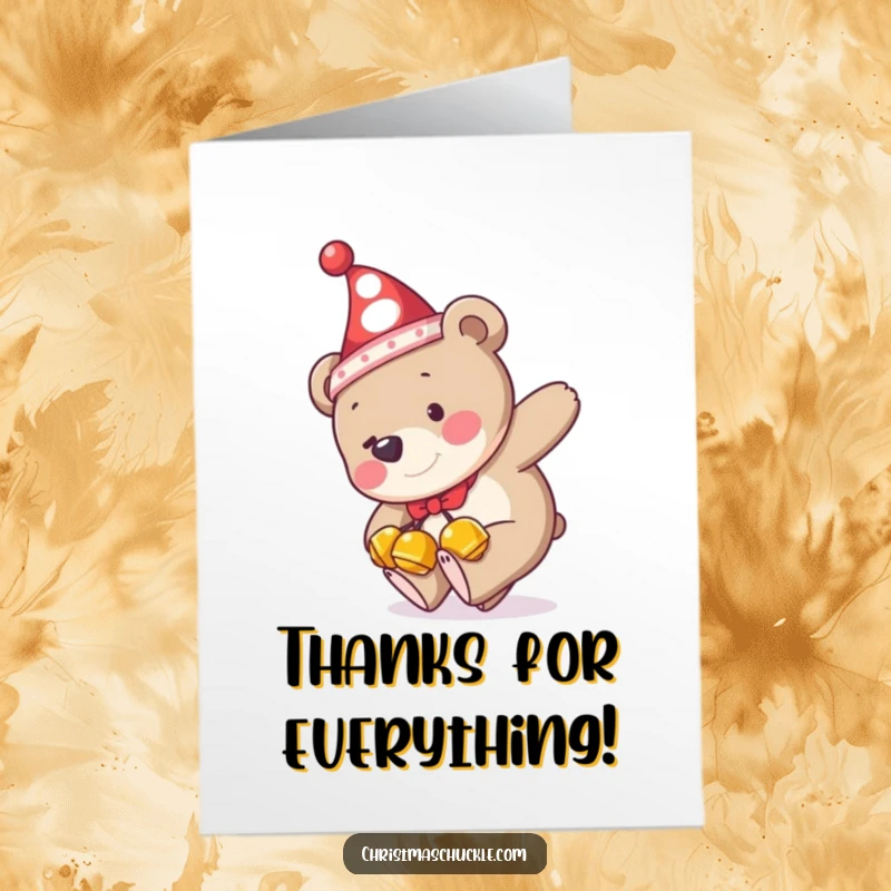 Funny Free Printable Thank You Card: Bear in clown hat trips, a comical way to say thanks.