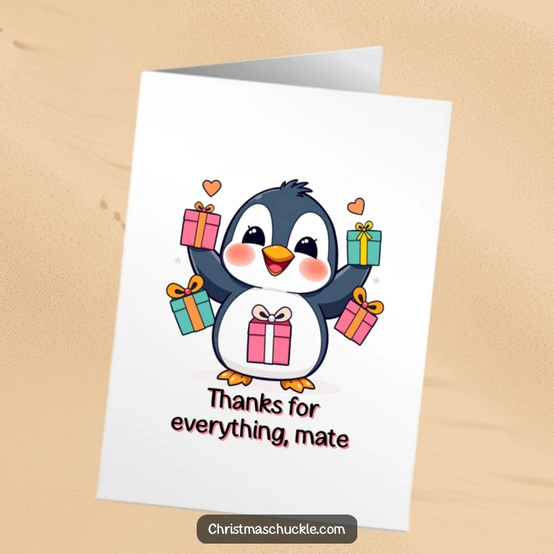 Funny Free Printable Thank You Card: A cute penguin juggling wrapped presents, expressing thanks with a happy look.