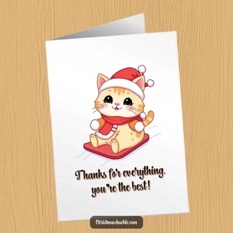 Funny Free Printable Thank You Card: Adorable cat in Santa attire happily sliding on snow, expressing thanks.