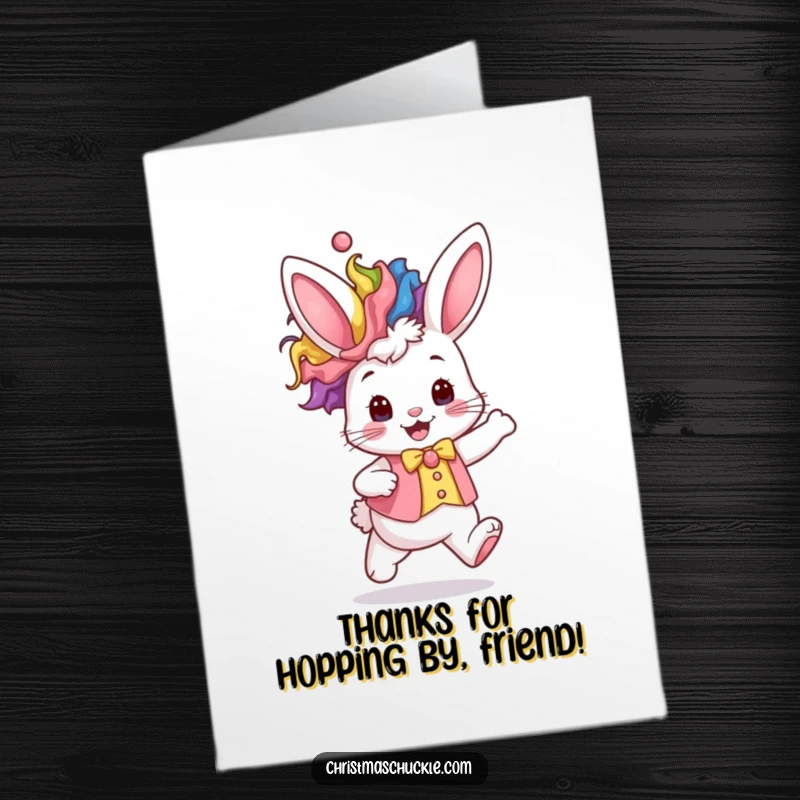 Funny Free Printable thank you card of a kawaii bunny in a rainbow clown wig and waistcoat hopping excitedly.