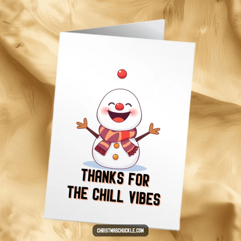 Funny Free Printable Thank You Card: Snowman dressed as a clown, juggling snowflakes with a goofy expression, a chilly thank you.