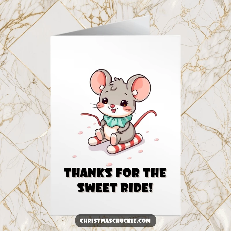 Funny Free Printable Thank You Card: A mouse clown with a collar slides down a candy cane hill to express thanks.