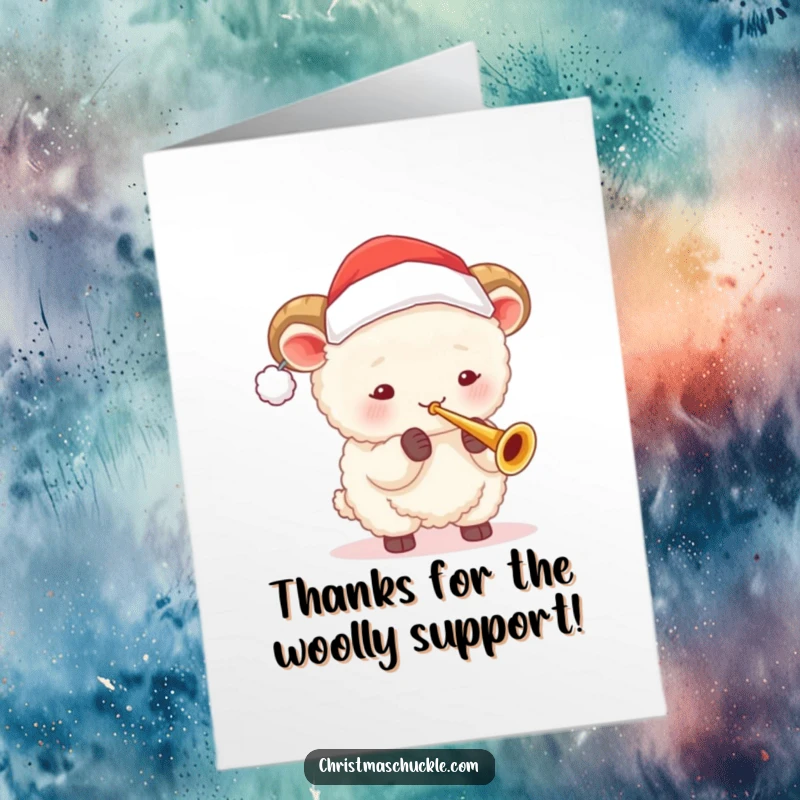 Funny Free Printable Thank You Card: A fluffy sheep in a Santa hat joyfully plays a tiny trumpet.