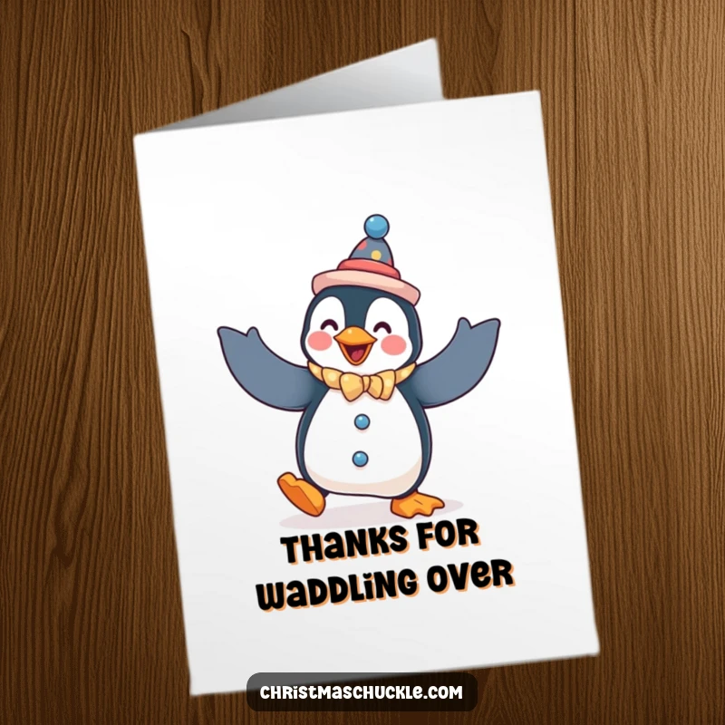 Funny Free Printable Thank You Card: A penguin clown performs a silly, flapping dance, conveying thanks in a uniquely amusing way.