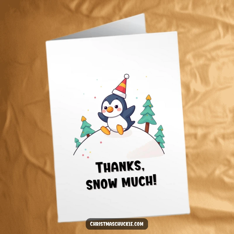 Funny Free Printable Thank You Card: Penguin wearing clown nose slides down a hill.